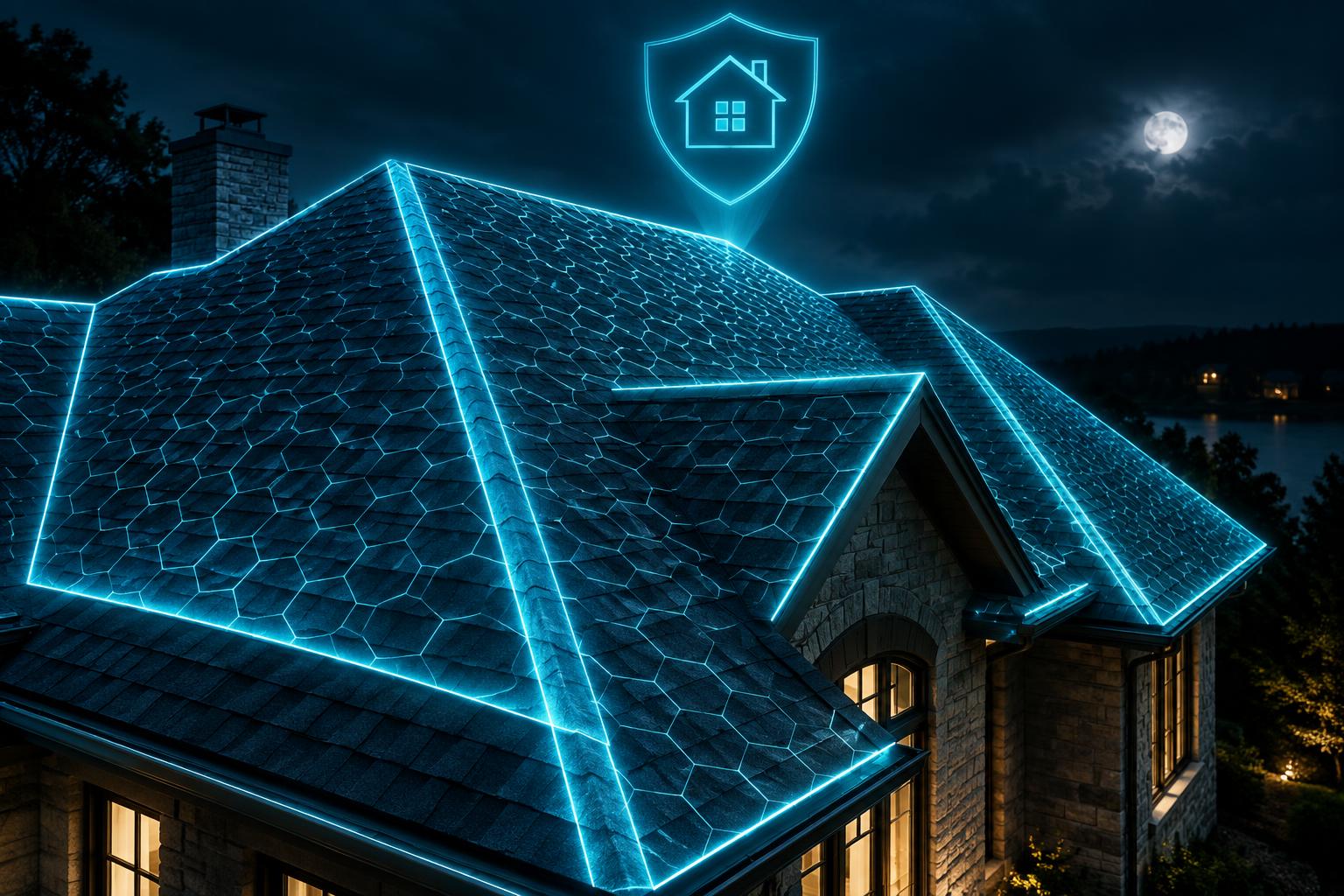 Home roof glowing with a cyan nano-barrier protective shield